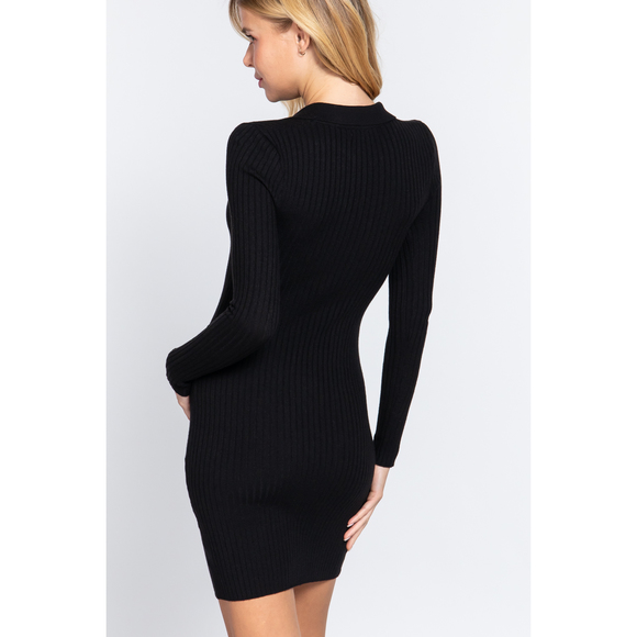 Long Slv V-neck Sweater Rib Mini Dress - Picture 4 of 7